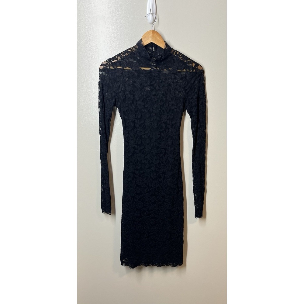 Moda International Black Lace Floral Witchy Goth Dress S Long Sleeve Cut-Out